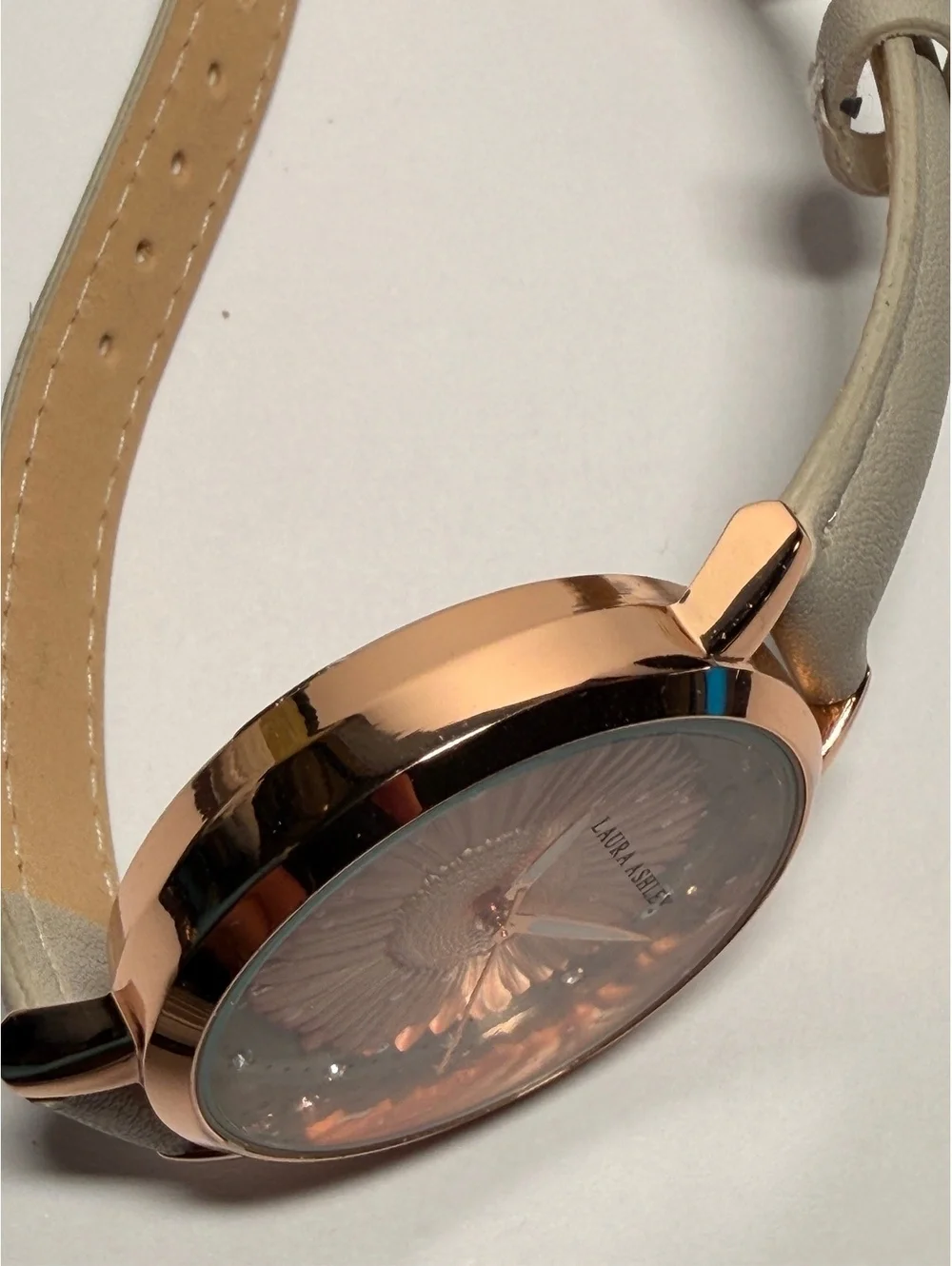 Laura Ashley Women's Floral Dial Watch Rose Gold with Beige Leather Strap